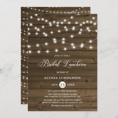 Country Rustic String Lights Wood Bridal Luncheon Invitations