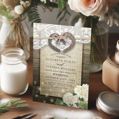 Couple Horseshoe Heart Lace Wood Hydrangea Wedding Invitations