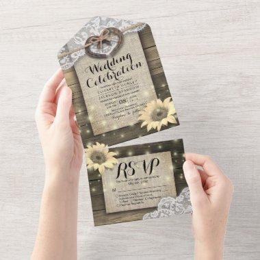 Couple Horseshoes Lace Wood Sunflower Wedding RSVP All In One Invitations