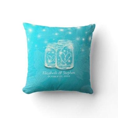 Couple Mason Jar String Lights Blue Floral Wedding Throw Pillow