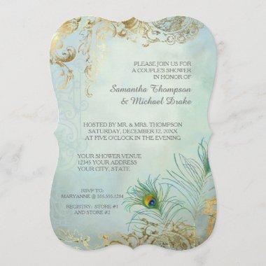 Couples Shower Gold Leaf Peacock Feathers Elegant Invitations
