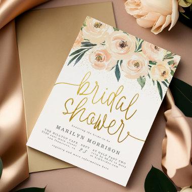 Cream & Blue Flowers Gold Script Bridal Shower Invitations