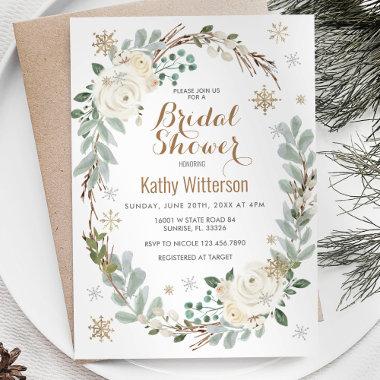 Creamy White Winter Floral Snowflake Bridal Shower Invitations