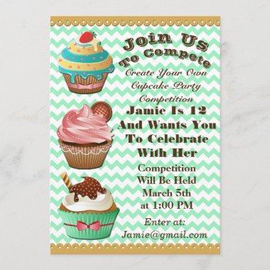 Cupcake Wars Bake Off Birthday Green Invite