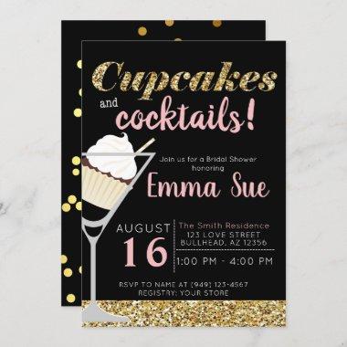Cupcakes & Cocktails Black & Gold Bridal shower Invitations