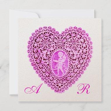 CUPID LACE HEART MONOGRAM, pink fuchsia champagne Announcement