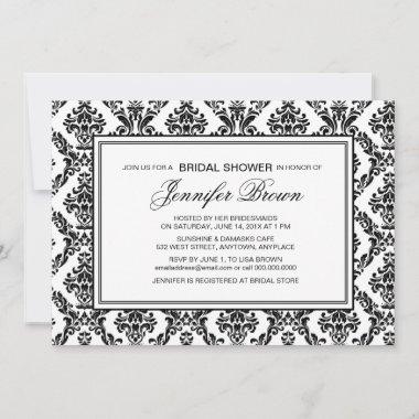 Custom Bridal Shower Black And White Damask Invitations