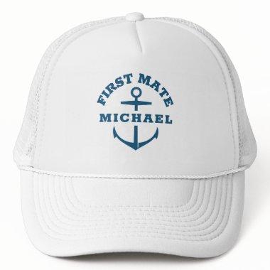 Custom Name First Mate Boat Anchor Navy Blue Hat