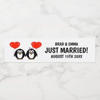 Custom newly weds penguin cartoon wedding couple water bottle label