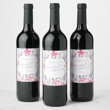 Custom Pink Purple Watercolor Floral Bridal Shower Wine Label