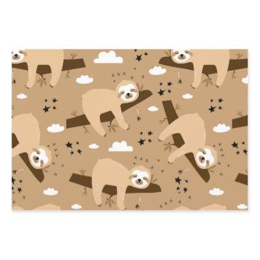 cute adorable gray sloth pattern brown background wrapping paper sheets