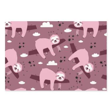 cute adorable gray sloth pattern maroon background wrapping paper sheets