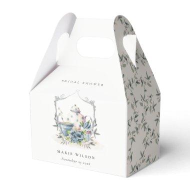 Cute Aqua Blue Floral Teapot Crest Bridal Shower Favor Boxes