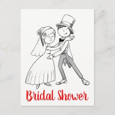Cute Black Red Bride Groom Cartoon Bridal Shower Invitation PostInvitations