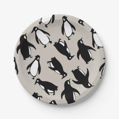 Cute black white penguin pattern grey background paper plates