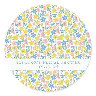 Cute Blue Yellow Floral Custom Bridal Shower Classic Round Sticker