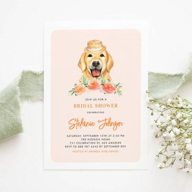 Cute Golden Retriever Peach Floral Bridal Shower Invitations