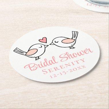 Cute Lovebirds Cartoon Love Birds Bridal Shower Round Paper Coaster