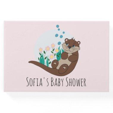 Cute Otter Cartoon Flowers and Name Baby Shower Guest Book