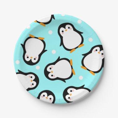 Cute penguin pattern turquoise pattern paper plates