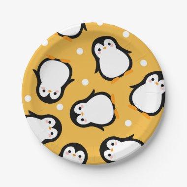Cute penguin pattern yellow pattern paper plates