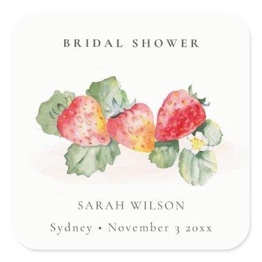 Cute Red Strawberry Leafy Foliage Bridal Shower Square Sticker