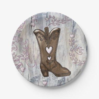 Cute Rustic Pink Cowgirl Heart Boots Bridal Shower Paper Plates