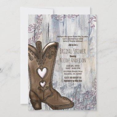 Cute Rustic Pink Heart Cowgirl Boots Bridal Shower Invitations
