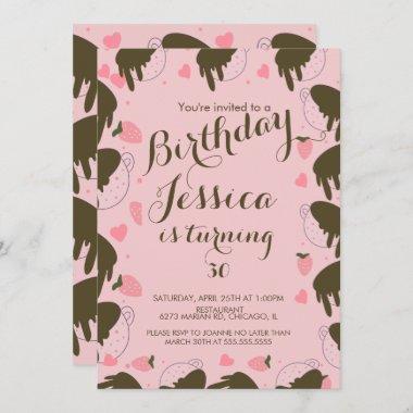 Cute Strawberry Chocolate Dripping Birthday Invitations