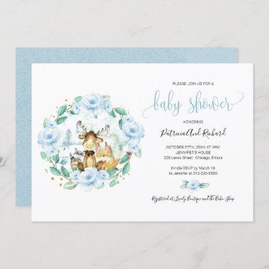 Cute Woodland Animals Floral Greenery Baby Shower Invitations