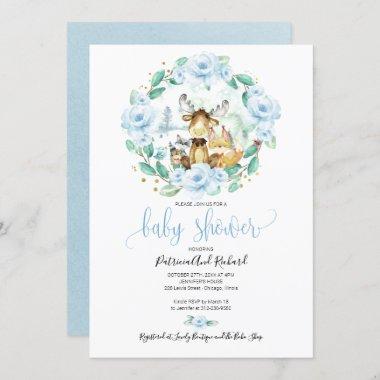 Cute Woodland Animals Floral Greenery Baby Shower Invitations