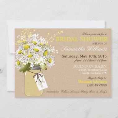 Daisies Mason Jar Burlap Rustic Bridal Shower Invitations