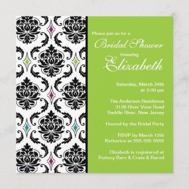 Damask Bridal Shower Invitations Black & Lime Green