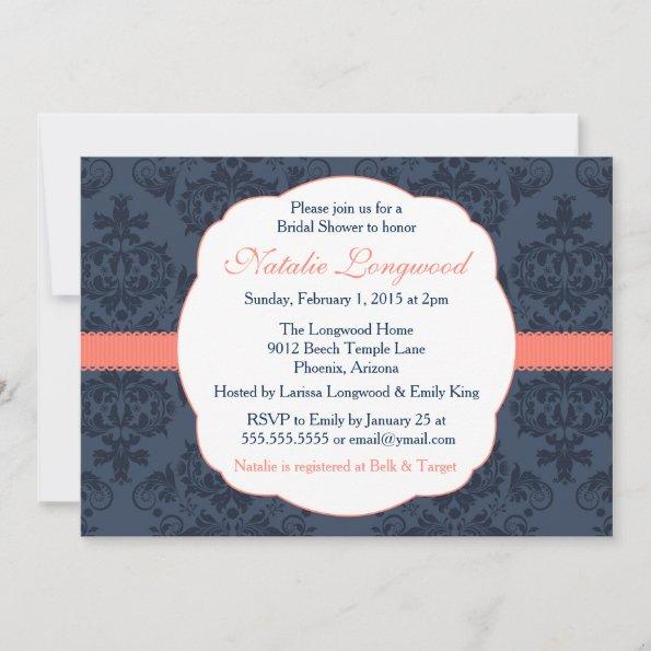 Damask Invitations Bridal, Baby Shower, coral navy