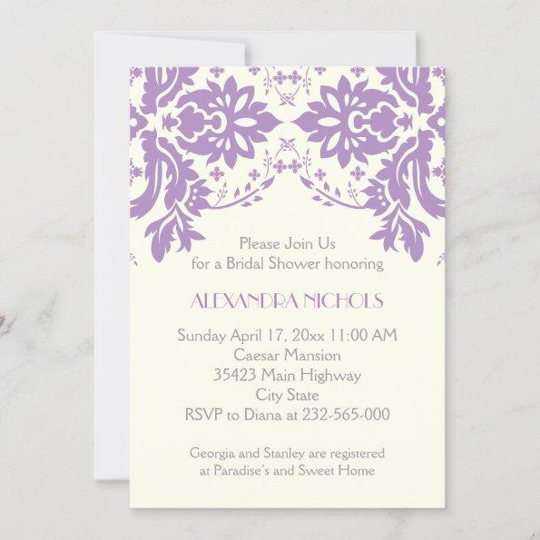 Damask lavender, gray, ivory wedding bridal shower Invitations