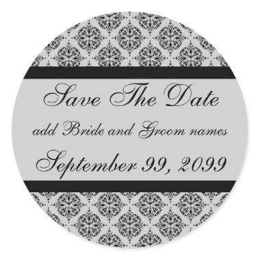 Damask Silver Save The Date Reminders Classic Round Sticker