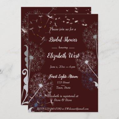 Dandelion Puffs Burgundy Bridal Shower Invitations