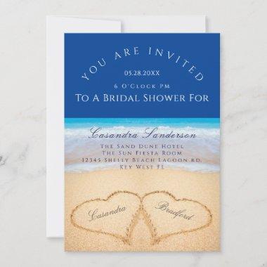 Dark Blue Beach 2 Hearts in Sand Bridal Shower Inv Invitations