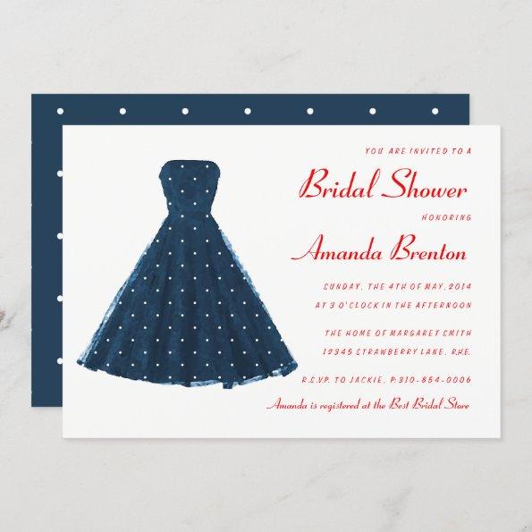 Dark Blue Vintage Dress Red Accents Bridal Shower Invitations