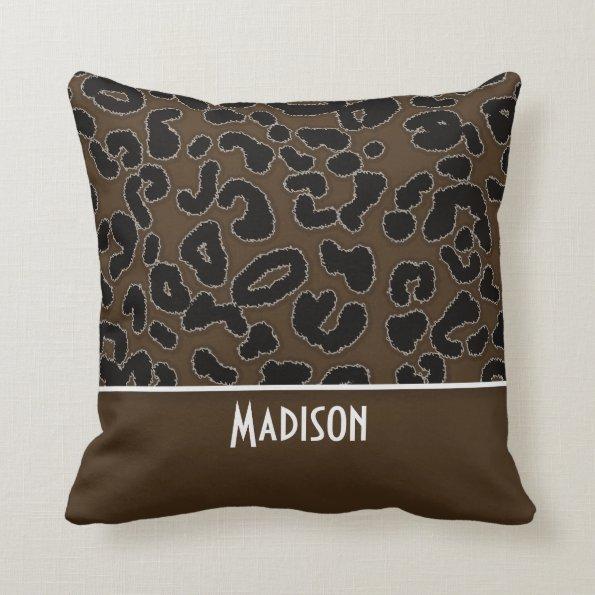 Dark Brown Leopard Animal Print; Personalized Throw Pillow