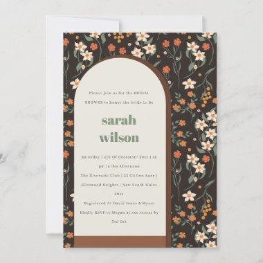 Dark Rust Groovy Retro Arch Floral Bridal Shower Invitations