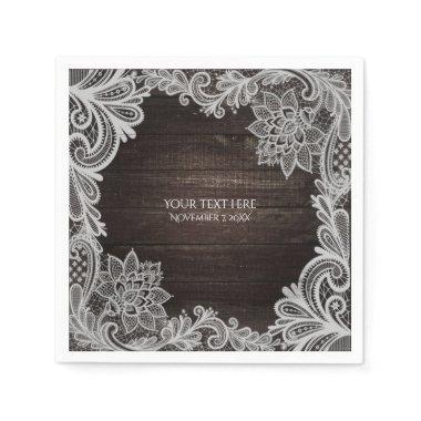 Dark Rustic Wood & Elegant Lace Wedding Paper Napkins