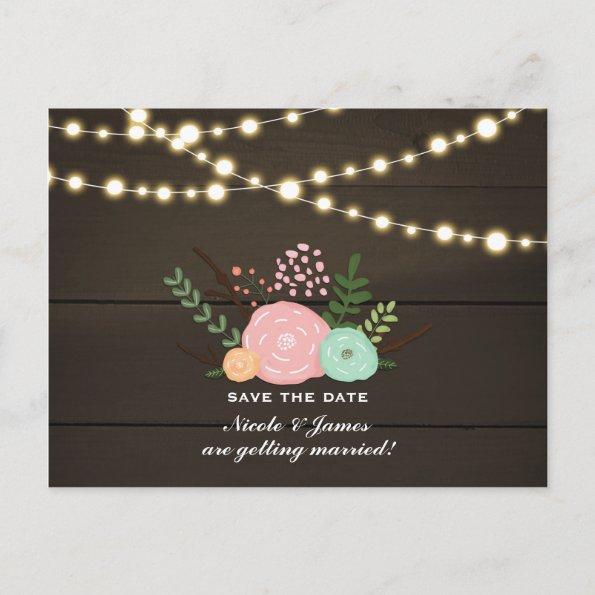 Dark Wood & Rustic Floral & Lights Save The Date Announcement PostInvitations