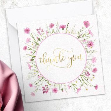 Deep Pink Wildflower Gold Script Thank You Note Invitations