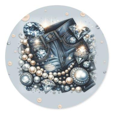 Denim Diamonds & Pearls Jeans Bling Birthday Party Classic Round Sticker