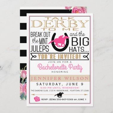 Derby Bachelorette Black/Gold/Pink Roses Custom Invitations