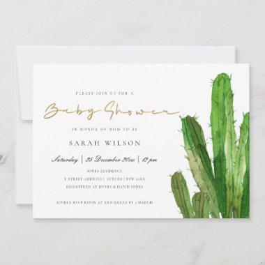 DESERT CACTUS FOLIAGE GOLD WATERCOLOR BABY SHOWER Invitations