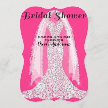 Diamond Dress Hot Pink Black Glam Bridal Shower Invitations