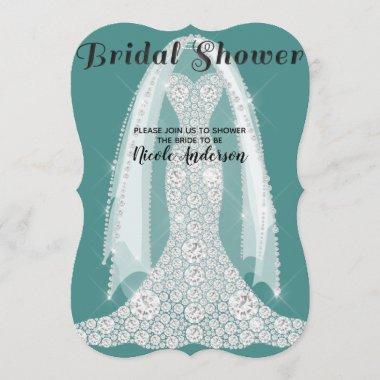 Diamond Dress Teal Turquoise Glam Bridal Shower Invitations