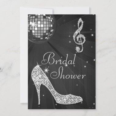 Disco Ball and Sparkle Heels Black Bridal Shower Invitations